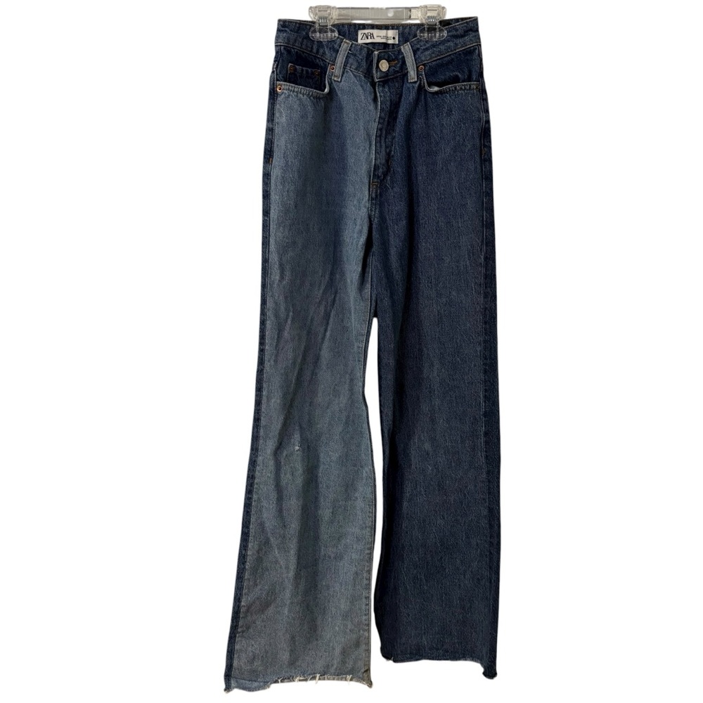 Zara Blue Denim High Rise Flare Wide Leg Two Tone 💯 Cotton Denim Jeans